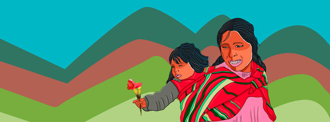  Illustration of Andean mother woman carrying her baby