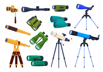 Set of binoculars and telescopes of different types. Modern and ancient optical means. Vector illustration on a white background