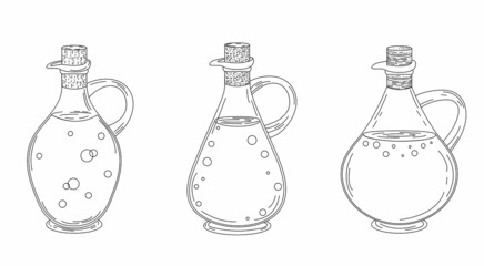 Bottle of perfume. Bottle icon. Bottle with oil. Doodle illustration. Three jar icon.