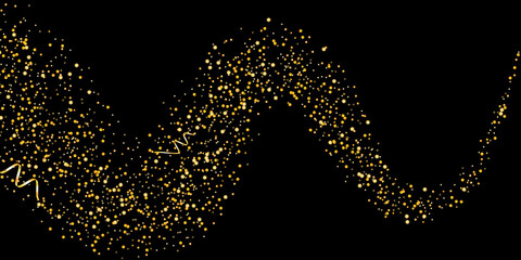 Gold glitter confetti on a black background. Serpentine. Shiny particles are scattered, sand. Decorative element. Luxury background for your design, postcards, invitations, vector