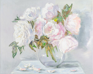 White peonies in a vase on the table, oil painting