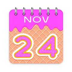24 day of a month. November. Waffle cone calendar with melted ice cream. 3d daily icon. Date. Week Sunday, Monday, Tuesday, Wednesday, Thursday, Friday, Saturday. White background Vector illustration