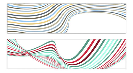 Wavy lines or ribbons. Set of 2 covers. Multicolored striped. Creative unusual background with abstract wave lines for creating a trendy banner, poster. vector eps