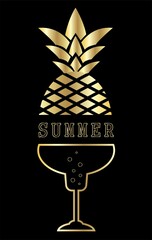 Summer party banner,flyer,poster with golden pineapple and cocktail. Drink abstract illustration. Black background.