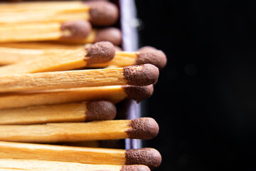 Old matches in a box close up, match