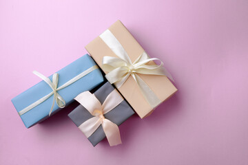  Gift boxes  on color background. Happy womens day. Happy Mothers day.Hello Spring- Image