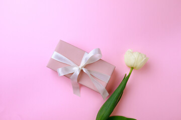  Gift box and tulip on color background. Happy womens day. Happy Mothers day.Hello Spring- Image