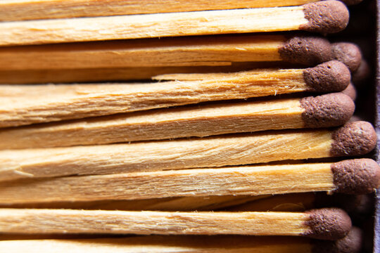 Old matches in a box close up, match