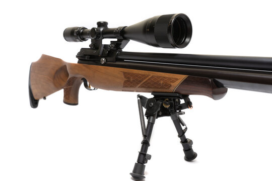 A long range airgun with bipods and optical sight on white background with bipods and optical sight on white 