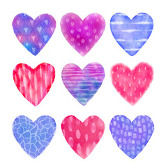 Set of cute watercolor hearts. Textured and bright hearts isolated on white. Valentine's Day collection of design elements for greeting cards, invitations, decor, stickers, etc