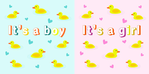 It's a boy, it's a girl. Ducklings and little hearts. Vector design.