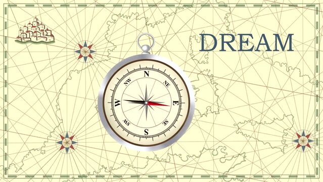 Animation with a map and a compass arrow rotating near the word "dream" (seamless loop)