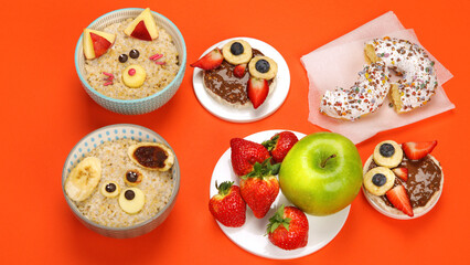 Different oatmeal for kids on colourfull background.