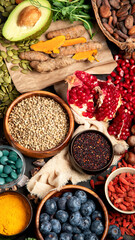 Healthy food clean eating selection on dark background.