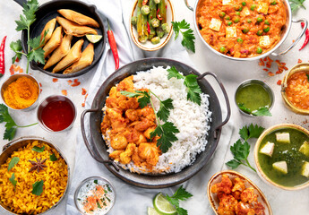 Indian food assortment on light background.