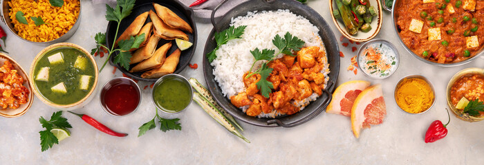 Indian food assortment on light background.