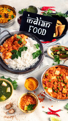 Indian food assortment on light background.