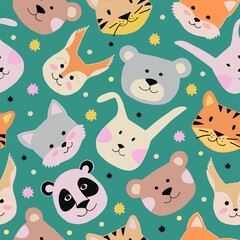 Seamless childish pattern with funny animals faces. Cute bear, tiger, panda, squirrel, bunny, wolf heads. Kids texture for fabric, wrapping, textile, wallpaper. Vector hand drawn illustration.