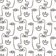 Glamour one line drawing women faces seamless pattern