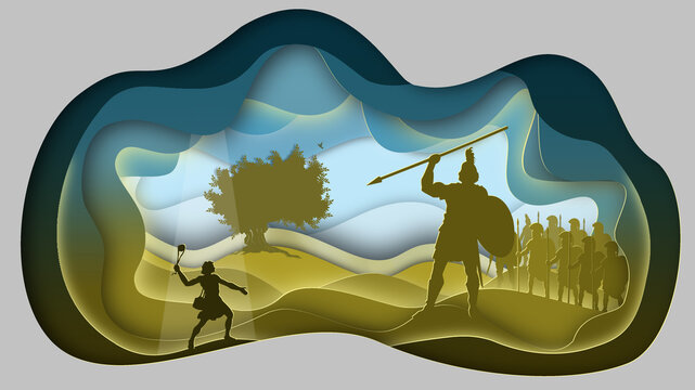 David and Goliath. Paper art. Bible story. Abstract, illustration, minimalism. Digital Art.

