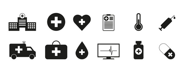 Black set of medical icons on a white background. Vector illustration eps10