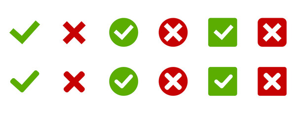 Tick and cross. Green tick and red cross. Vector illustration