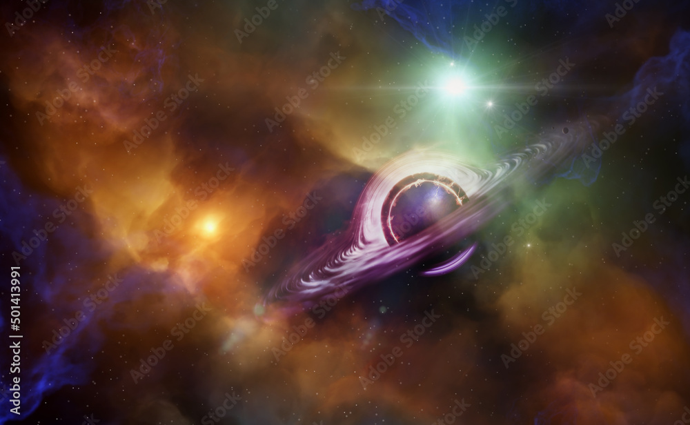 Poster black hole and stars and cloud fields in outer space
