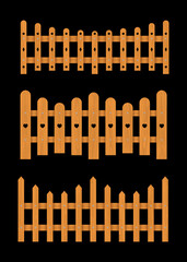 Set of brown wooden fences. Vector illustration isolated on black background