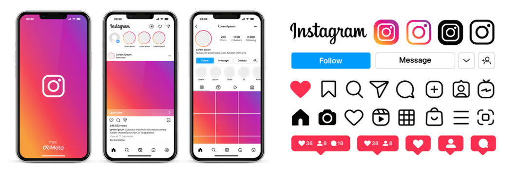 Instagram mockup app template screens on Apple iPhone vector set. Instagram new update interface on realistic smartphone: profile, photo, message, story. Editable text and blank frames. Stock vector.