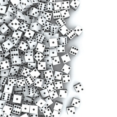 White dice spill - 3D illustration of hundreds of white dice with black spots spilling on to white background