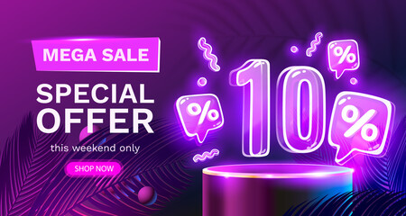 Mega sale special offer, Neon 10 off sale banner. Sign board promotion. Vector