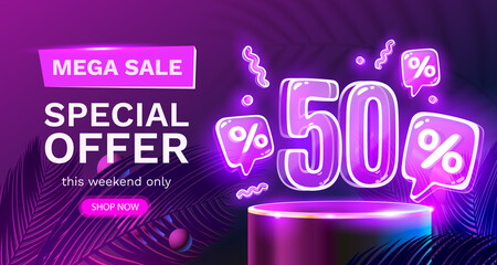 Mega sale special offer, Neon 50 off sale banner. Sign board promotion. Vector - obrazy, fototapety, plakaty