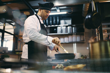 Professional cook prepares meal while working in the kitchen at restaurant.