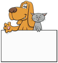 cartoon dog and cat with white card graphic design
