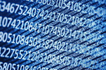 Random blue numbers isolated on black. Macro pixels backdrop. Computer screen internet security....