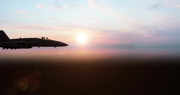 Military Fighter Jet Flying In The Sky. High Above The Clouds. War And Air Force Related 4K Motion.