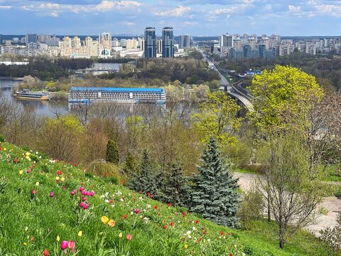 Scenic view of the Dneper river and the Kyiv city capital of Ukraine.