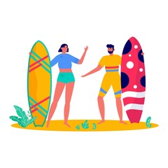 Concept of people surfing with surfboards, travel. Young women, men enjoying vacation on the sea, ocean. Concept of summer sports and leisure outdoor activities, walking. Flat vector