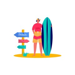 Concept of people surfing with surfboards, travel. Young men enjoying vacation on the sea, ocean. Concept of summer sports and leisure outdoor activities, walking. Flat vector