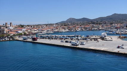 Aegina island port as seen from a passenger ferry, Saronic gulf, Greece