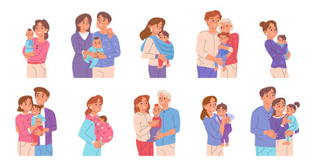 Fototapeta premium Mom and dad carrying newborn baby, happy parents, family with child. Cartoon babies with mother and father, young families vector symbols illustration set. Happy parenting collection