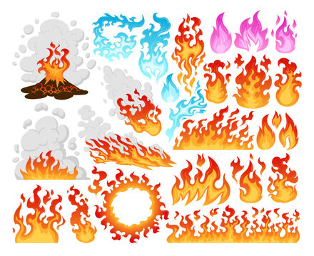 Cartoon burning flames, fireballs and bonfire, wildfire elements. Burn fuego flames, fire flame spurts vector symbols illustrations set. Wildfire collection