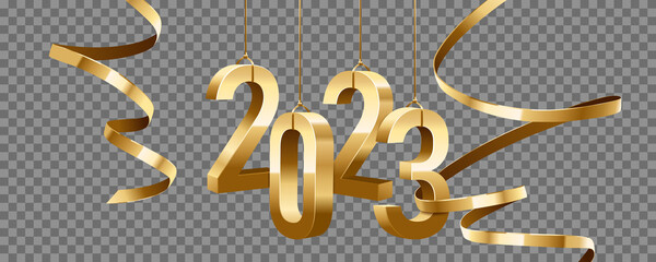 Happy New Year 2023. Hanging golden 3D numbers with ribbons, isolated on transparent background.