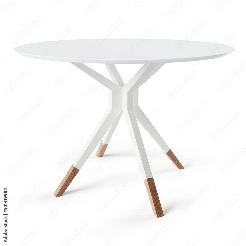 Poster round, wooden table painted white. dining table isolated on white background. saved clipping path in