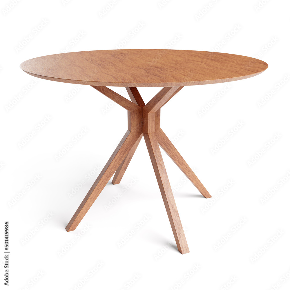 Poster Round wooden retro table. Dining table isolated on white background. Saved clipping path included. 3D render. 3D illustration.