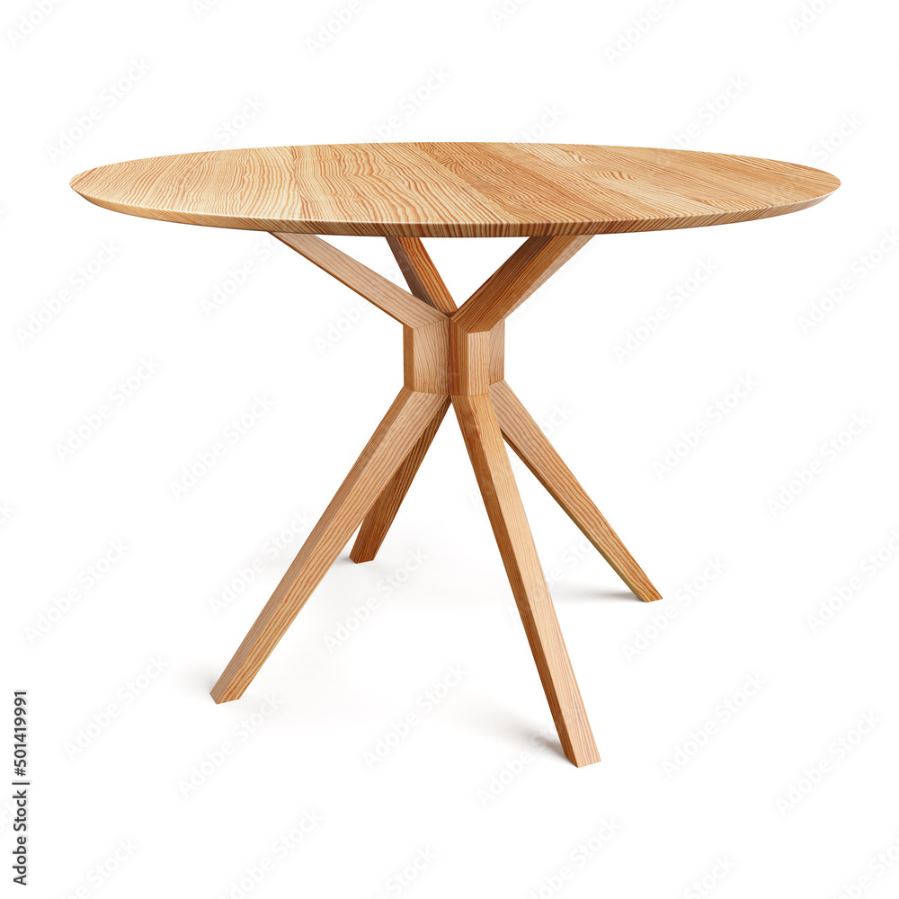 Poster Round wooden retro table. Dining table isolated on white background. Saved clipping path included. 3D render. 3D illustration.