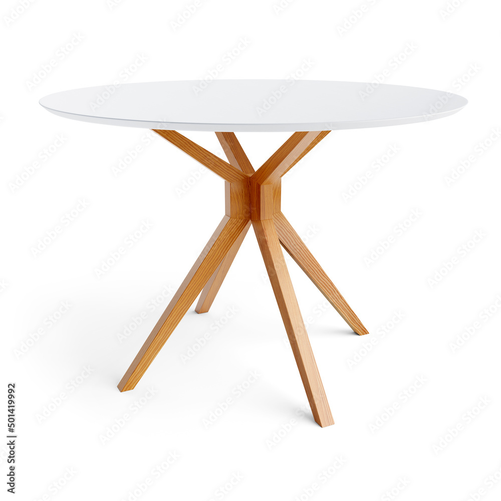 Poster Round wooden table with a white counter. Dining table isolated on white background. Clipping path included. 3D render. 3D illustration.