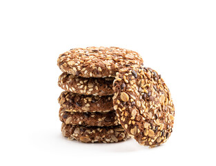 Healthy fitness cookies from sunflower seeds and sesame seeds with flax seeds isolated on white