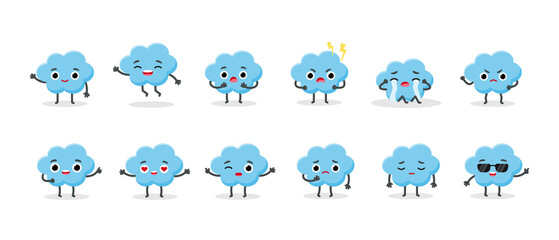 Set Cute Clouds Emoji Characters. Vector emoticon sticker collection