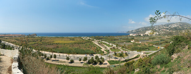 Panoramic view of the coastline of Salobreña, Granada, Spain, seen from an observation deck Mirador Enrique Morente.